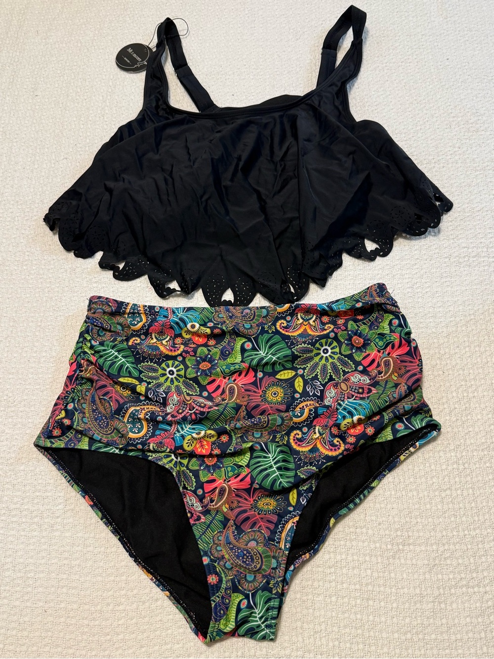Black Flounce Bikini Top with Multicolor Paisley High-Waist Bottoms